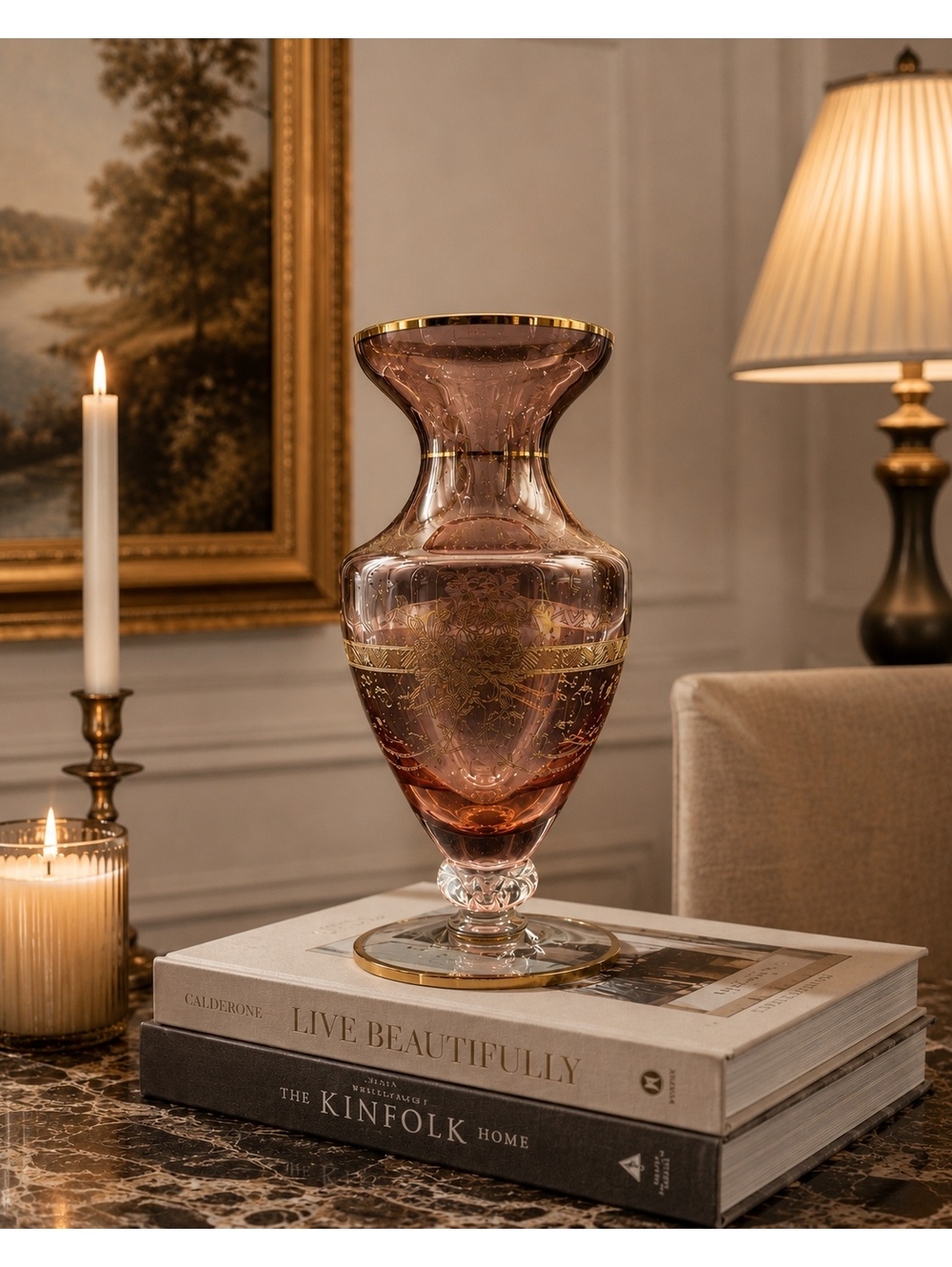 Vintage Cranberry Pink Art Glass Vase Gold Gilt Embellished Footed 9.5"